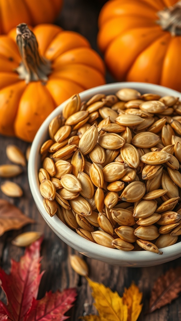 A bowl of roasted pumpkin seeds on a wooden table with pumpkins and autumn leaves.
